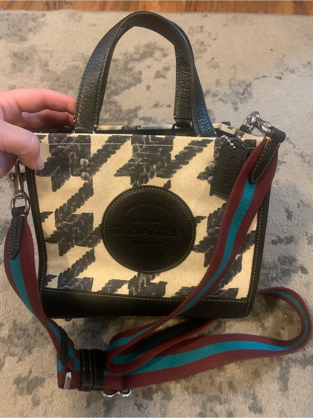 Coach Black & Cream Houndstooth Canvas Crossbody with Striped Strap